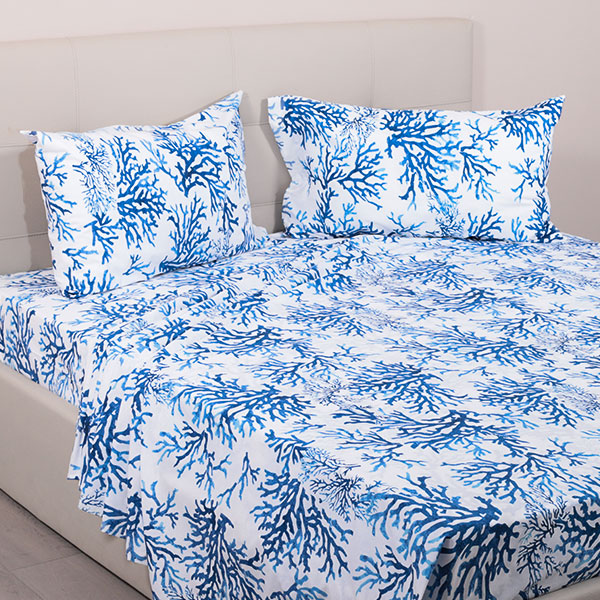 Completo Lenzuola Coralli Mare Azzurro 100% Cotone Made In Italy – Disponibile In 1 Piazza, 1 Piazza E 1/2 E 2 Piazze