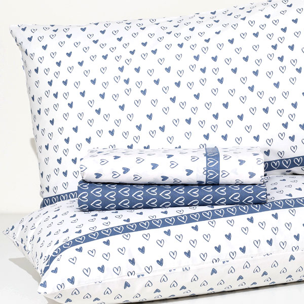 Completo Lenzuola 100% Cotone "Cuori Cartoon" - Blu
