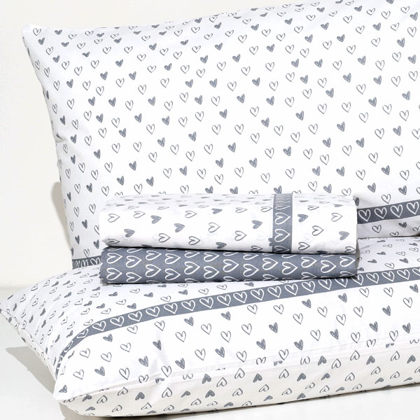 Completo Lenzuola 100% Cotone "Cuori Cartoon" - Grigio 