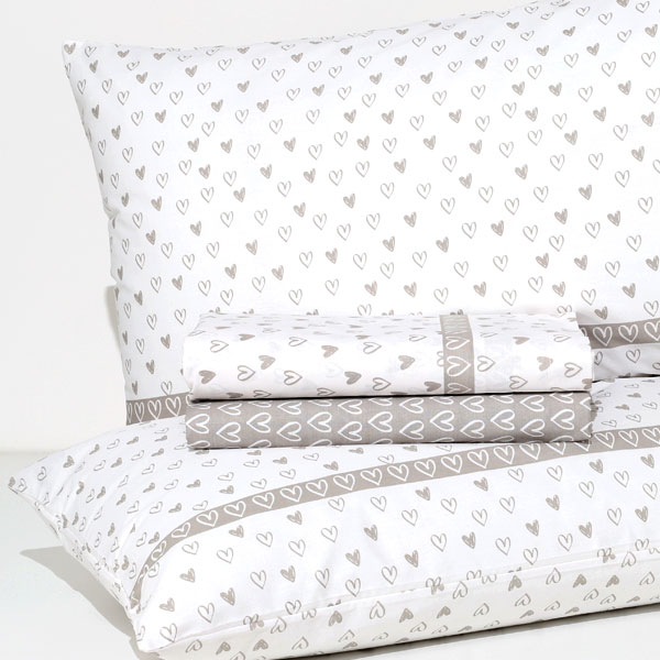 Completo Lenzuola 100% Cotone "Cuori Cartoon" - Tortora